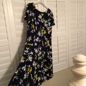 London Times Woman(1X) navy flutter sleeve dress w/white & yellow floral pattern